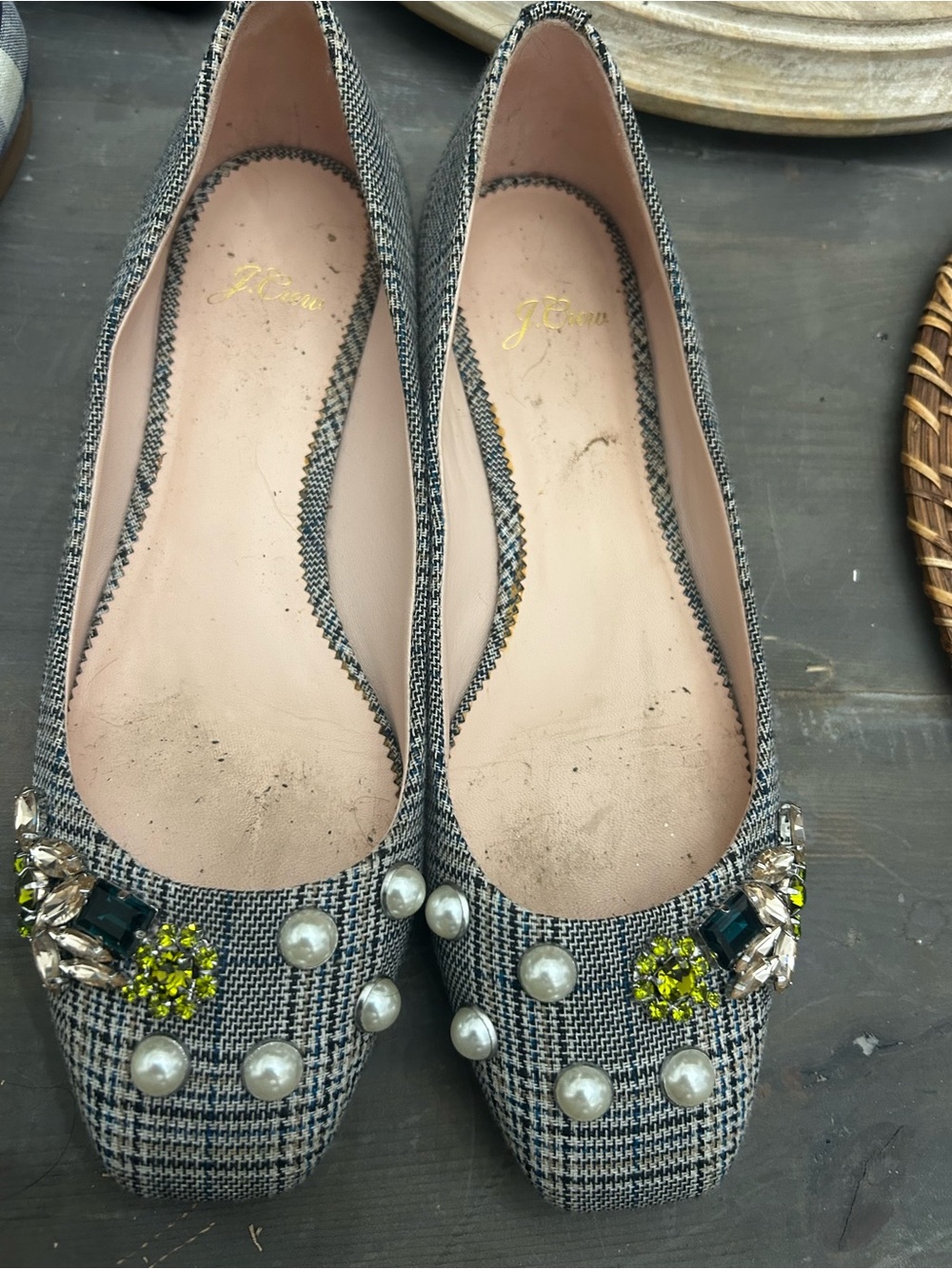 J. Crew Plaid Pearl & Jewel Embellished Ballet Flats in Black, White & Pink